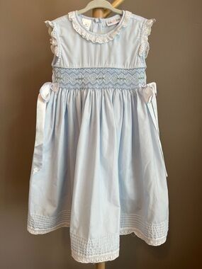 Lulu Bebe Gaby Light Blue Smocked Toddler Girls' Dress with Lace Trim 3T